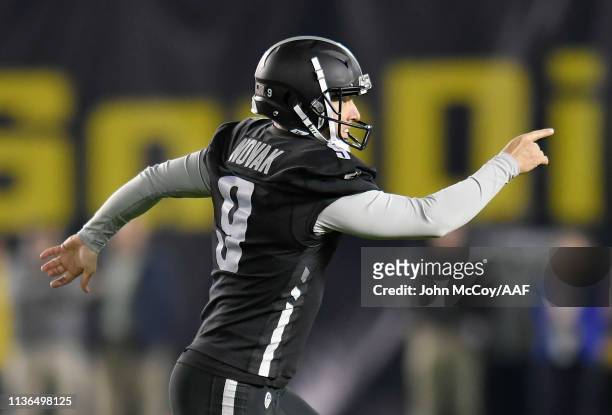 Nick Novak of the Birmingham Iron celebrates after kicking a 44-yard game-winning field goal during the fourth quarter to defeat the San Diego Fleet...