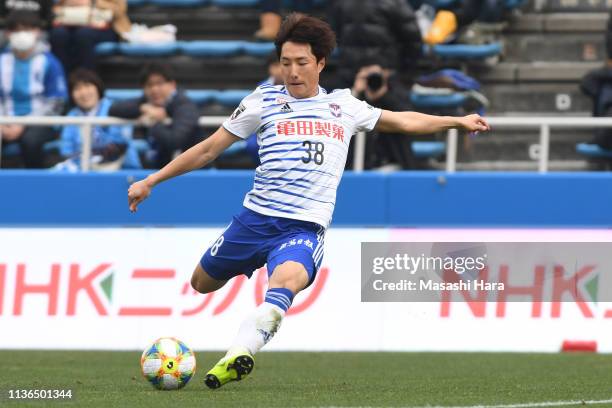 Cho Young Cheol of Albirex Niigata in action during the J.League J2 match between Yokohama FC and Albirex Niigata at nippatsu Mitsuzawa Stadium on...