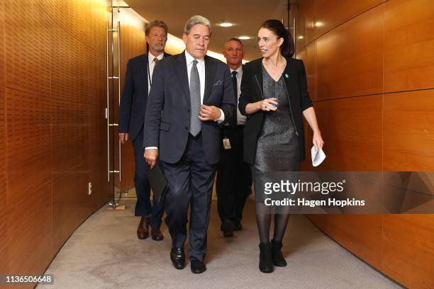 Prime Minister Jacinda Ardern and Deputy Prime Minister Winston Peters arrive at a press conference at Parliament on March 18, 2019 in Wellington,...
