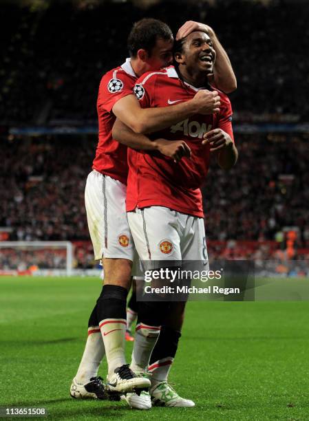 Anderson of Manchester United celebrates scoring his team's third goal with team mate Darron Gibson during the UEFA Champions League Semi Final...