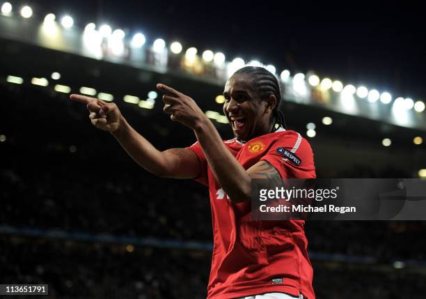 Anderson of Manchester United celebrates scoring his team's fourth goal during the UEFA Champions League Semi Final second leg match between...