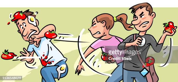 young people throwing tomatoes at man - throwing tomatoes stock illustrations