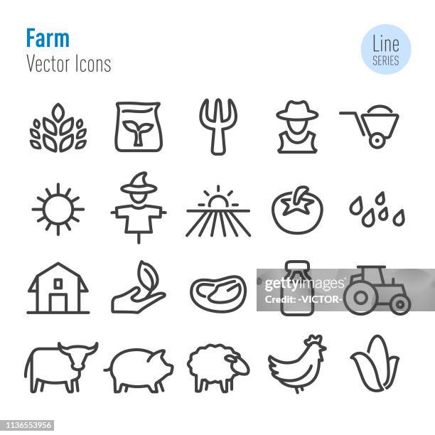 stockillustraties, clipart, cartoons en iconen met boerderij iconen-vector lijn serie - hooivork