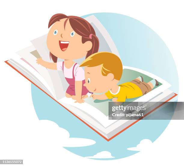 happy kids flying on big open book - boy reading stock illustrations