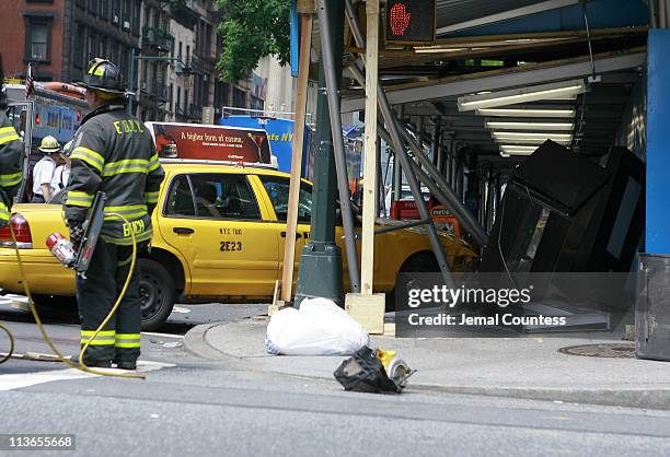 Yellow Cab loses control and crashes into building scaffolding of a an abondened structure on 8th Avenue at 54th Street. Collision destroyed a...