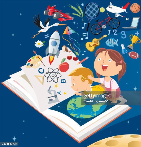 illustrazioni stock, clip art, cartoni animati e icone di tendenza di happy smile bambini volare grande libro - smile