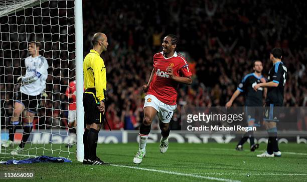 Anderson of Manchester United celebrates scoring his team's fourth goal during the UEFA Champions League Semi Final second leg match between...