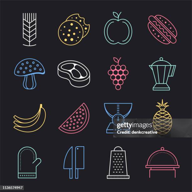 food process engineering neon style vector icon set - food processing plant icon stock illustrations