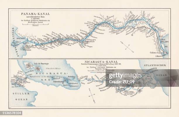 map of projects of panama and nicaragua canal, lithograph, 1897 - panama stock illustrations