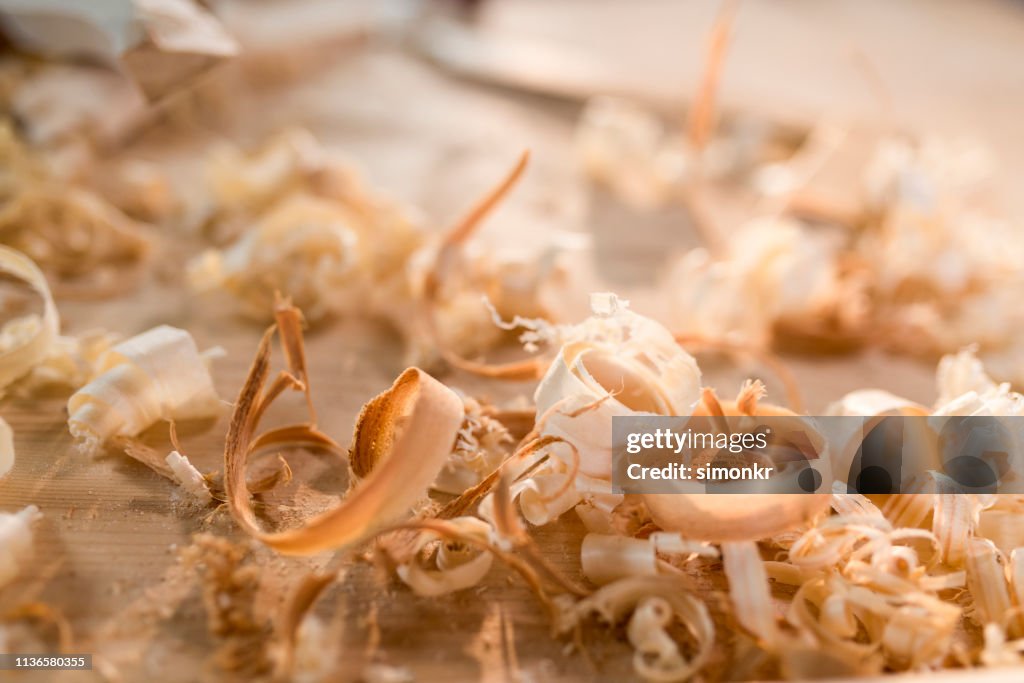 Wood shavings on table