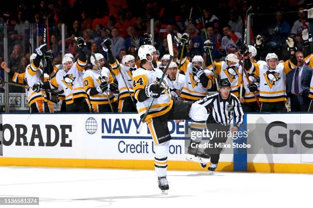 Erik Gudbranson of the Pittsburgh Penguins celebrates his second period goal against the New York Islanders in Game Two of the Eastern Conference...