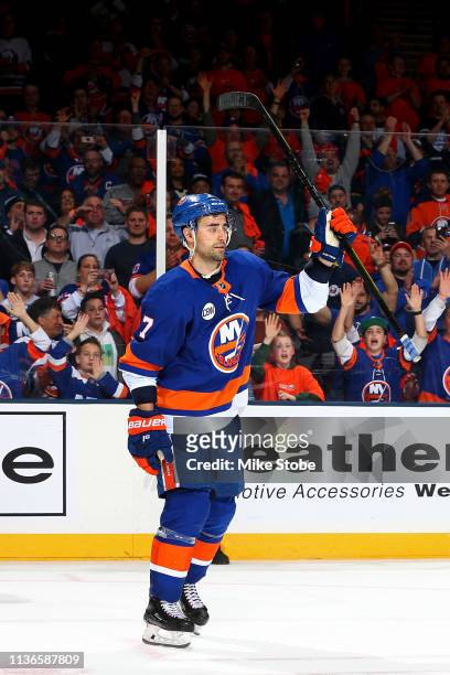 Jordan Eberle of the New York Islanders celebrates after being named a star of the game and his teams 3-1 win over the Pittsburgh Penguins in Game...
