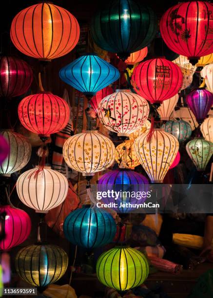 colorful silk lanterns - chinese lanterns stock pictures, royalty-free photos & images