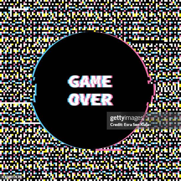 game over banner with glitch noise retro effect - distorted-font stock illustrations