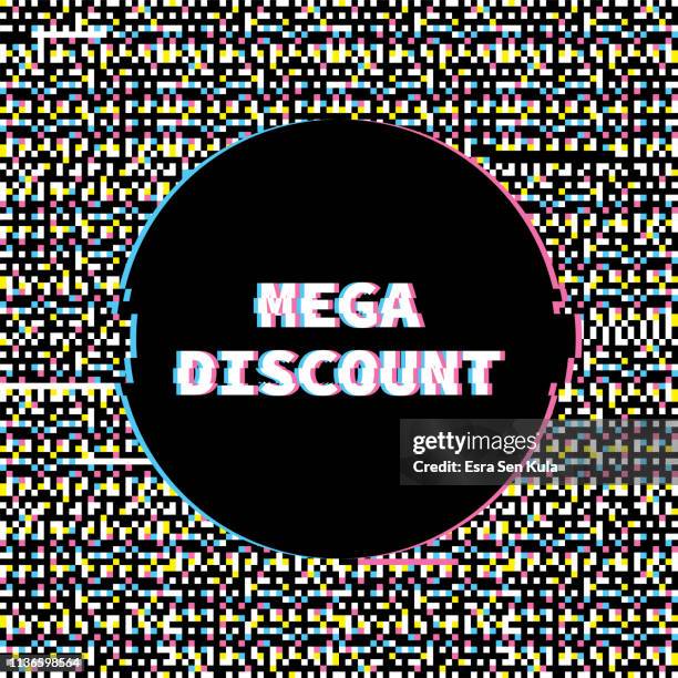 mega discount banner with glitch noise retro effect - retro computer games stock illustrations
