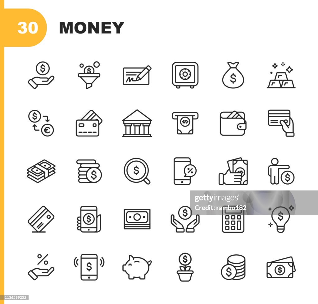 Money and Finance Line Icons. Editable Stroke. Pixel Perfect. For Mobile and Web. Contains such icons as Banking, Piggy Bank, Payment, Credit Card, Mobile Discount.