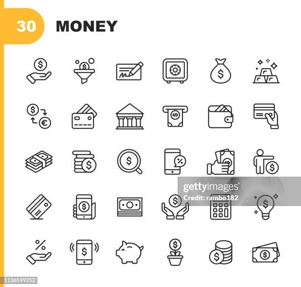 貨幣和金融線圖示。可編輯的筆劃。圖元完美。適用于移動和 web。包含銀行、小豬銀行、付款、信用卡、移動折扣等圖示。 - 計數機 幅插畫檔、美工圖案、卡通及圖標