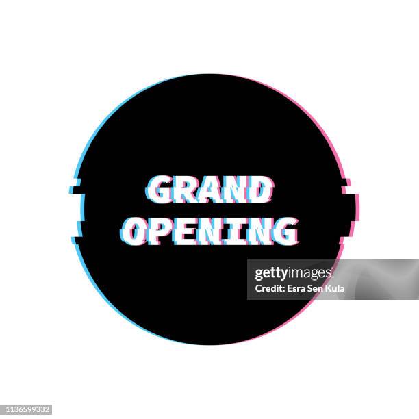 grand opening banner with glitch noise retro effect - pixelated font stock illustrations