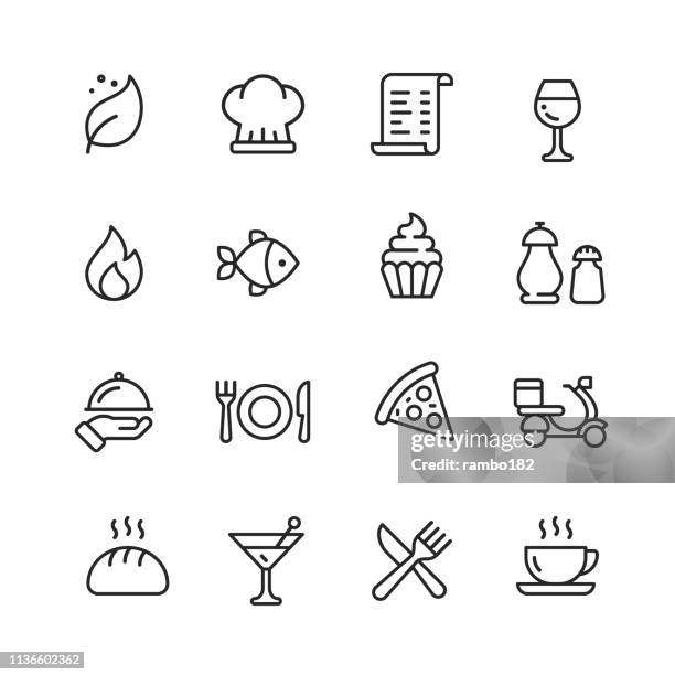 restaurant line icons. editable stroke. pixel perfect. for mobile and web. contains such icons as cooking, eating, fast food, food delivery, breakfast. - juice bottle stock illustrations