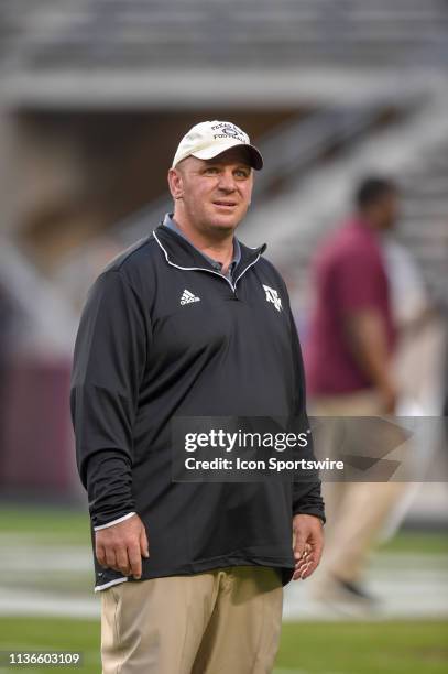 Defensive coordinator Mike Elko looks on before the Texas A&M Maroon and White Spring Game on April 12, 2019 at Kyle Field in College Station, TX.