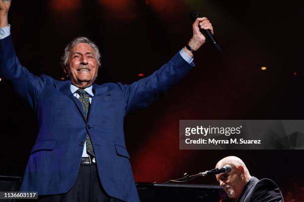 Tony Bennett performs "New York State Of Mind" with Billy Joel at Joel's 63rd sold out show of his residency at Madison Square Garden on April 12,...