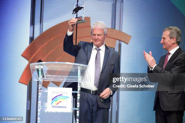 Dietmar Hopp and Guenther H. Oettinger during the Radio Regenbogen Award at Europapark on April 12, 2019 in Rust, Germany.