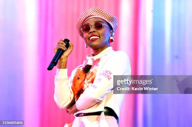 Janelle Monáe performs on Coachella Stage during the 2019 Coachella Valley Music And Arts Festival on April 12, 2019 in Indio, California.