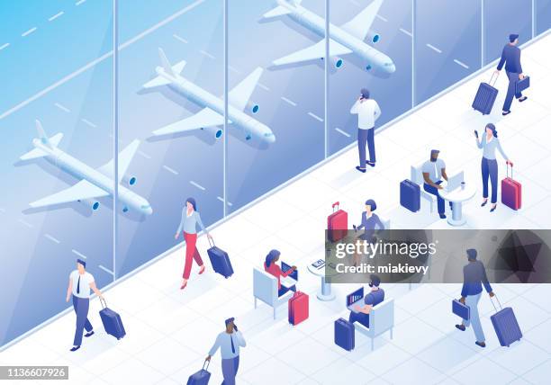 business travelers in airport lounge - airport isometric stock illustrations