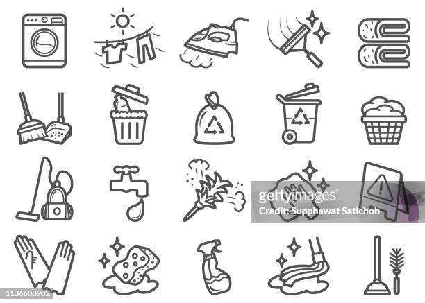 ilustrações de stock, clip art, desenhos animados e ícones de cleaning line icons set - pano de pó