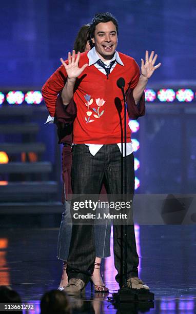 Jimmy Fallon and Sandra Bullock during 2005 MTV Movie Awards - Show at Shrine Auditorium in Los Angeles, California, United States.