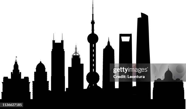 shanghai skyline (alle gebäude sind komplett und beweglich) - fernsehturm oriental pearl tower stock-grafiken, -clipart, -cartoons und -symbole