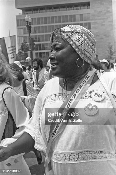 Close-up of American actress Esther Rolle during the Equal Rights Amendment March, Washington DC, July 9, 1978. Like many other supporters, she wears...
