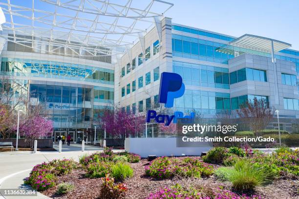 Facade with sign at headquarters of payment processing company Paypal in the Silicon Valley, San Jose, California, March 15, 2019.