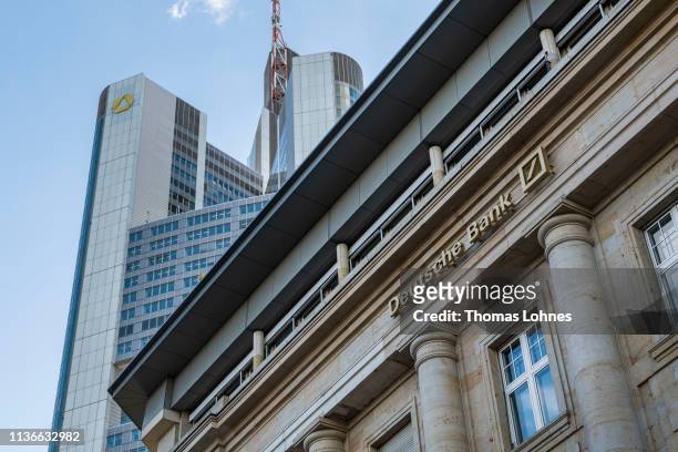 The corporate headquarters of Commerzbank and a bracnch of Deutsche Bank stand on March 18, 2019 in Frankfurt, Germany. The two banks are reportedly...