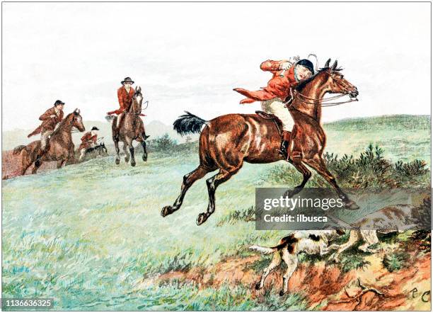 antique color illustration by randolph caldecott: hunting scene - fox hunting painting stock illustrations