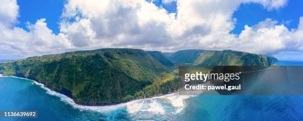 waipio bay en valley big island hawaii luchtfoto panorama - waipio valley stockfoto's en -beelden