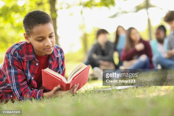 multi-ethnic group of teenagers at park with friends. - junior high student stock pictures, royalty-free photos & images