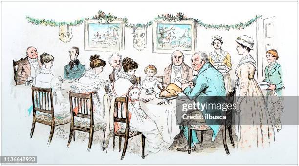 antique color illustration by randolph caldecott - dining table stock illustrations