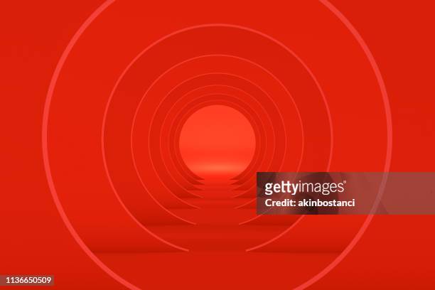 3d red empty room, tunnel interior - red circle stock pictures, royalty-free photos & images