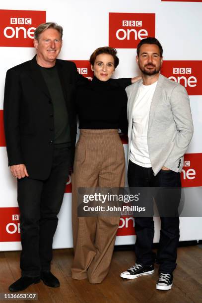 Adrian Dunbar, Vicky McClure and Martin Compston attend the "Line of Duty" photocall at BFI Southbank on March 18, 2019 in London, England.