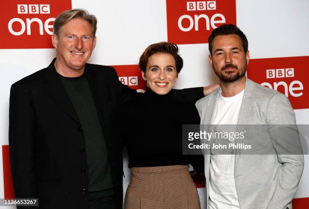 Adrian Dunbar, Vicky McClure and Martin Compston attend the "Line of Duty" photocall at BFI Southbank on March 18, 2019 in London, England.