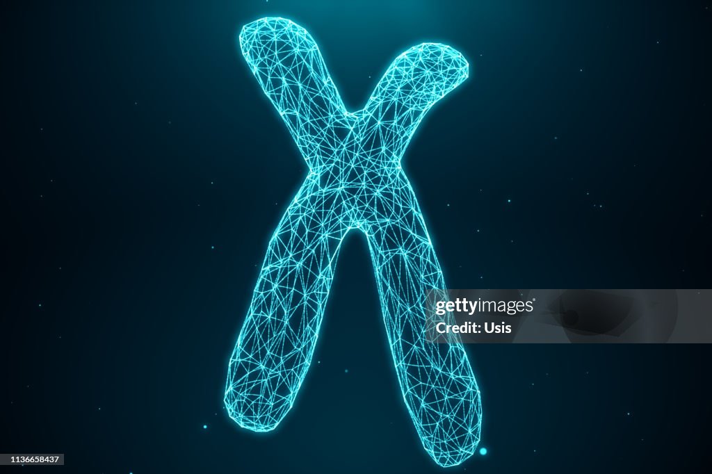 3D Illustration Polygonal Low poly Digital Artificial X-Chromosomes Consisting Of Consisting Dots And Lines On Blue Background. Genetics Concept, Artificial Intelligence Concept. Binary Code In The Human Genome, Future, Genetic Mutations.