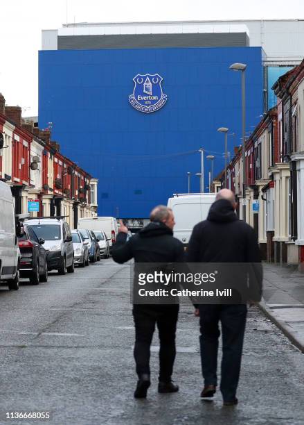 General view outside the stadium as fans make their way to the Premier League match between Everton FC and Chelsea FC at Goodison Park on March 17,...