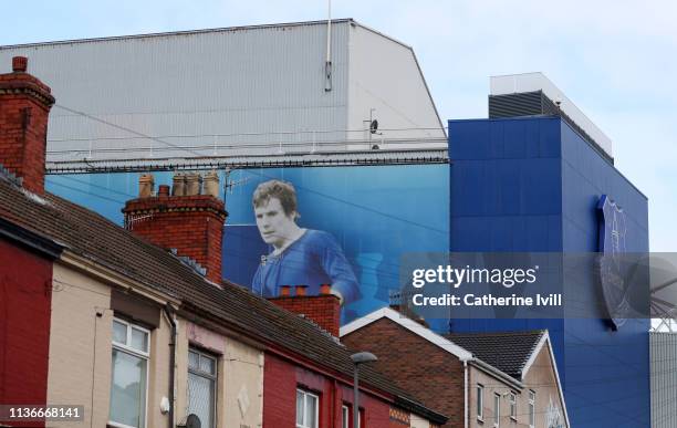 General view along a residential street showing a mural of Joe Royle on the outside of the stadium ahead of the Premier League match between Everton...