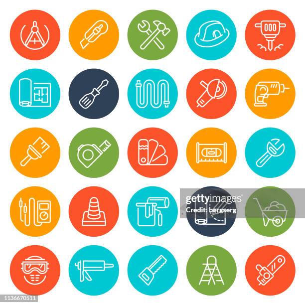 stockillustraties, clipart, cartoons en iconen met hulpmiddelen en huis reparatie ronde pictogrammen - paint tube