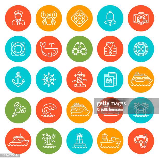 stockillustraties, clipart, cartoons en iconen met nautische en reizen ronde iconen - porthole