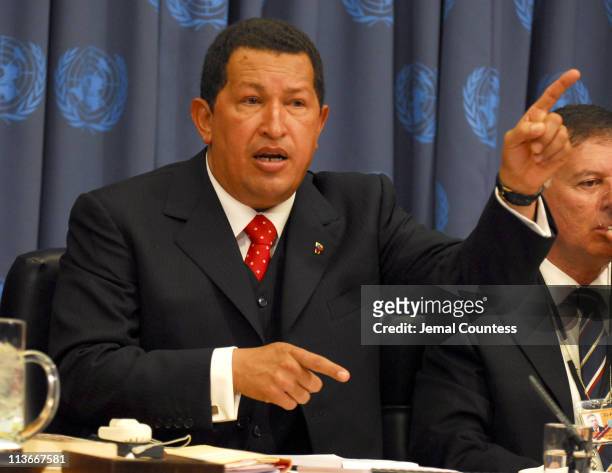 Hugo Chavez, President of Venezuela, during a press conference at the United Nations in New York City on September 20, 2006.