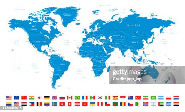 world map and most popular flags - borders, countries and cities - vector illustration - world map and detailed stock illustrations