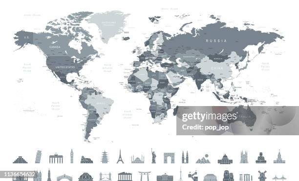 世界地図と旅行アイコン-国境、国と都市-ベクターイラスト - 大西洋点のイラスト素材／クリップアート素材／マンガ素材／アイコン素材