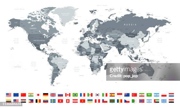weltkarte und die beliebtesten flaggen-grenzen, länder und städte-vektorabbildung - world map stock-grafiken, -clipart, -cartoons und -symbole